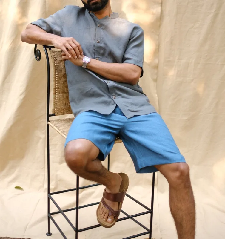 Blue Heavy Linen Drawstring Shorts