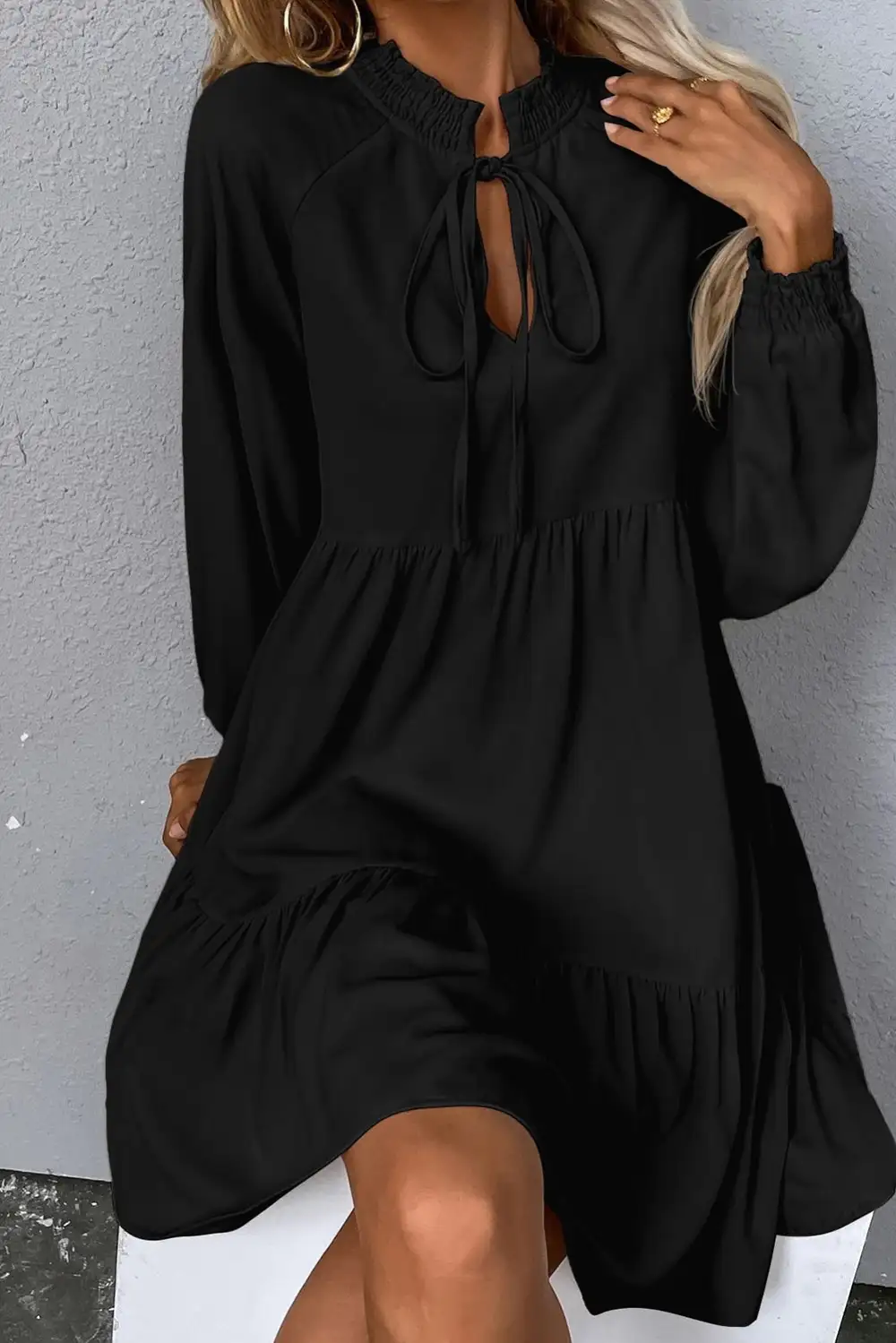 Split Neck Ruffle Smocked Dress Casual