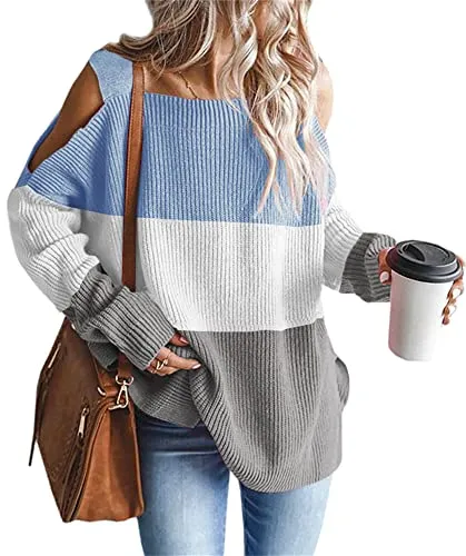 Women's Cold Shoulder Oversized Sweaters Batwing Long Sleeve Square Neck Chunky Knit Fall Tunic Sweater Tops