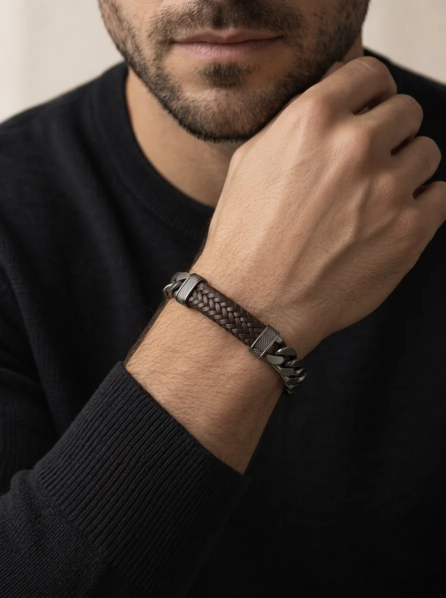 Men's Vintage Braided Leather Stainless Steel Chain Bracelet