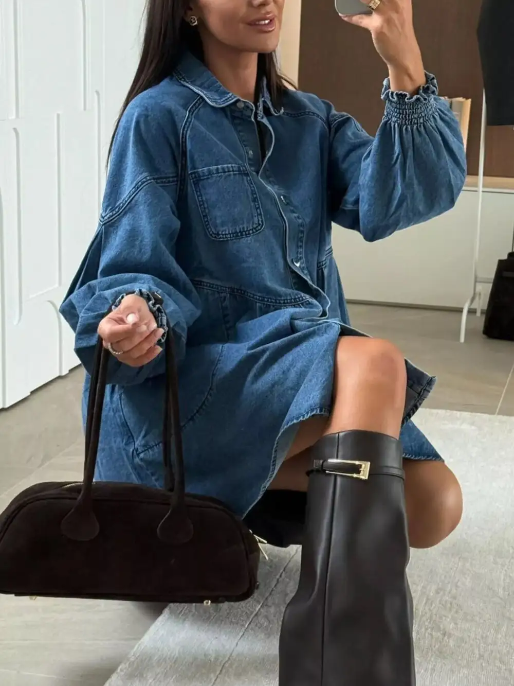 Denim Button Front Pocketed Mini Dress