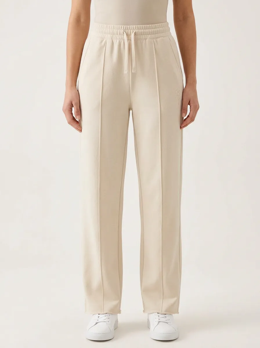 Women's Minimalist Beige Small Flower Embroidered Jogger Pants