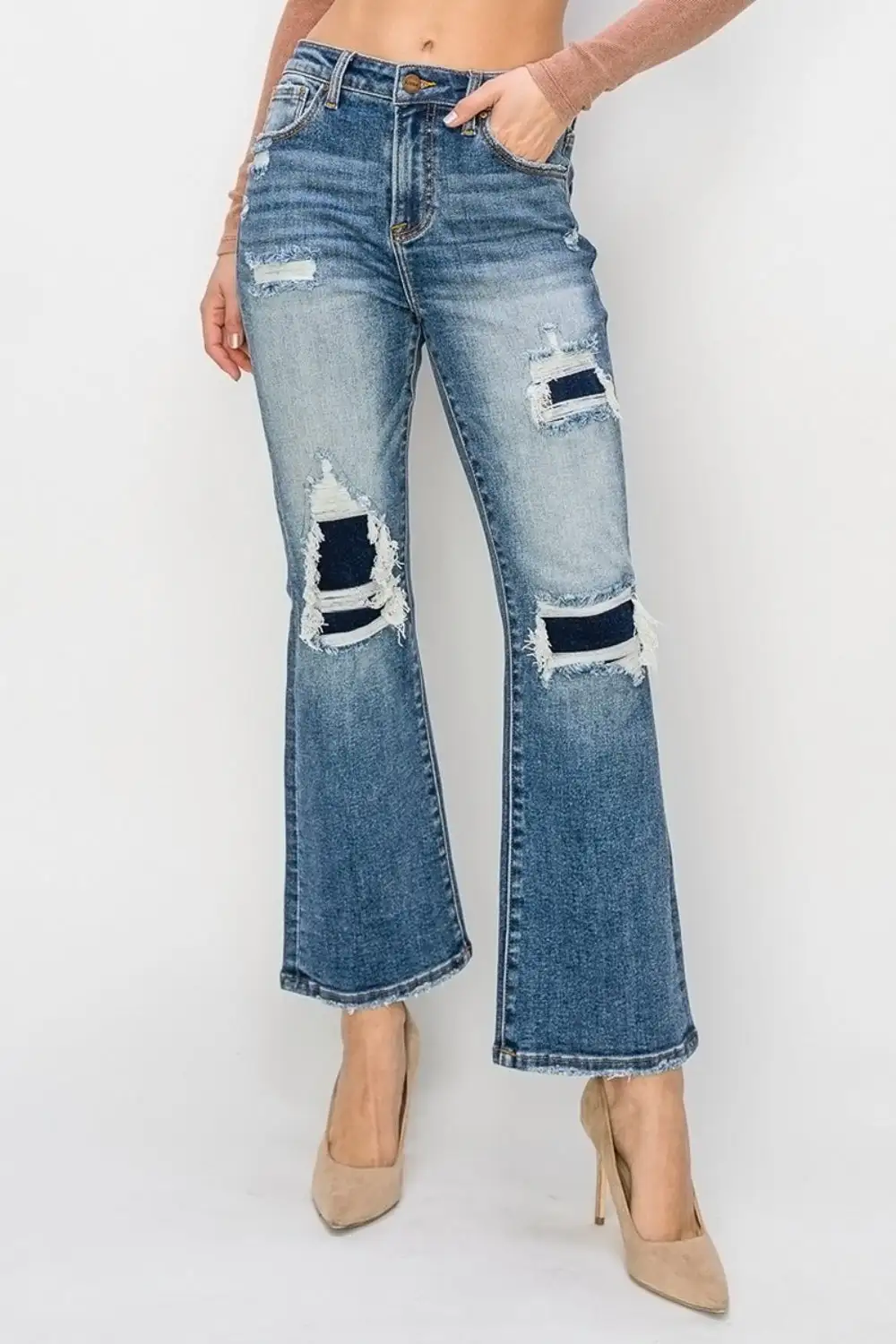 High Rise Distressed Ankle Flared Denim Jeans