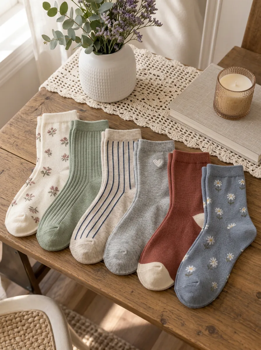 Women's Floral Heart Striped Pattern Printed Cotton Socks Set