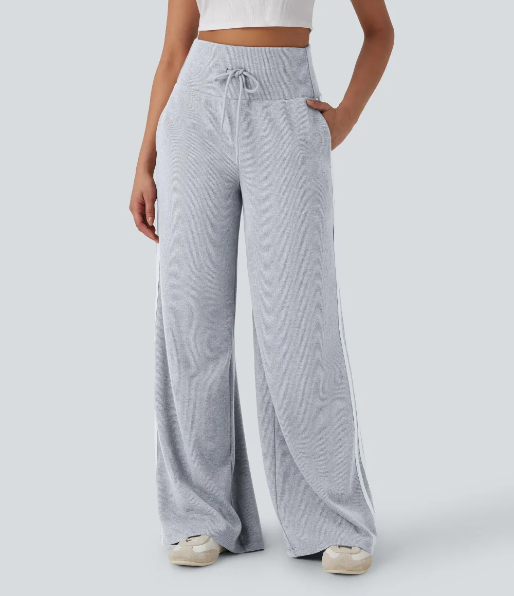 2026🔥  Ribbed SoCinched High Waisted Tummy Control Drawstring Wide Leg Color Block Casual Trousers with Pockets