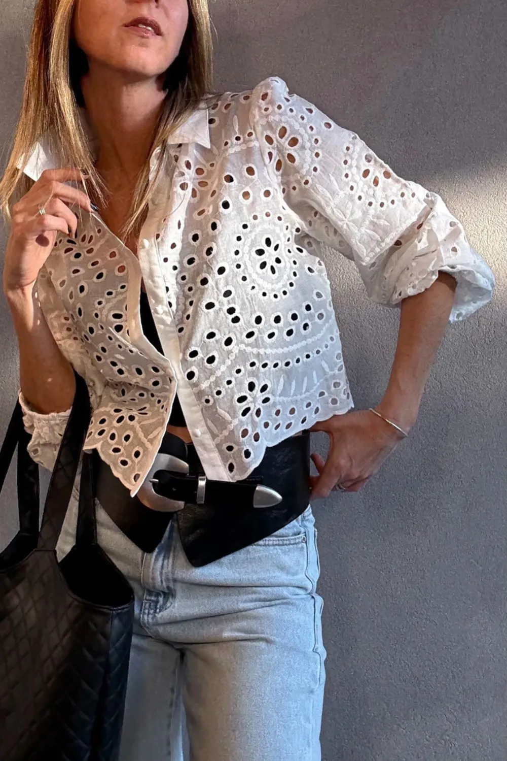 White Eyelet Embroidered Puff Sleeve Shirt