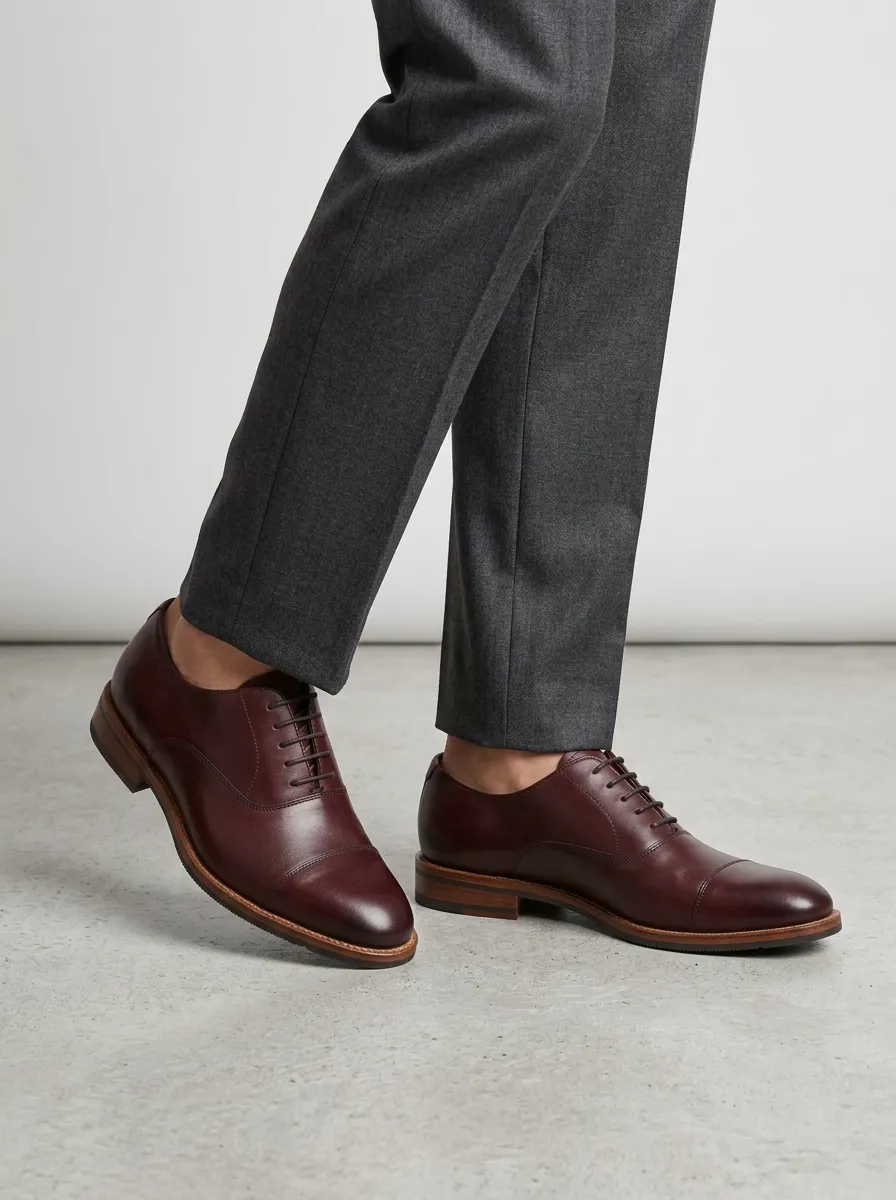 Men's Business Formal Burgundy Leather Cap Toe Oxford Shoes