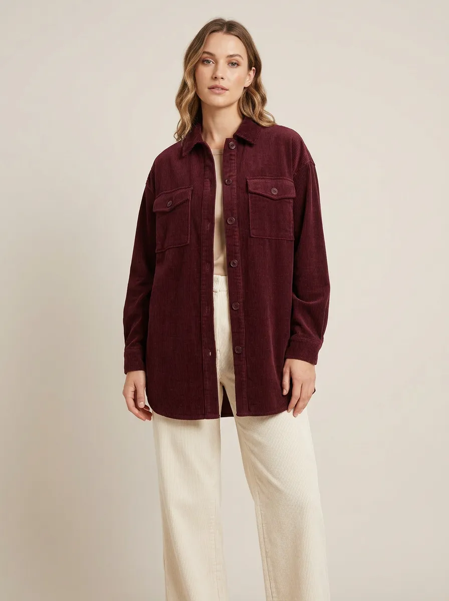 Women's Burgundy Oversized Corduroy Two-Pocket Shirt Jacket