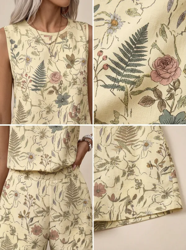 Women's Boho Floral Botanical Printed Sleeveless Shorts Set