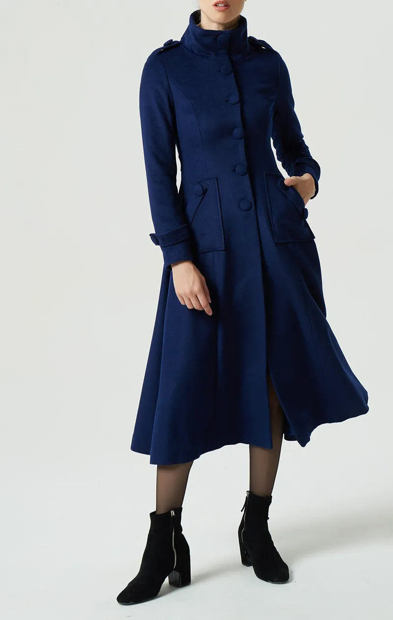 Wool Blend A Line Single Breasted Pocketed Long Coat