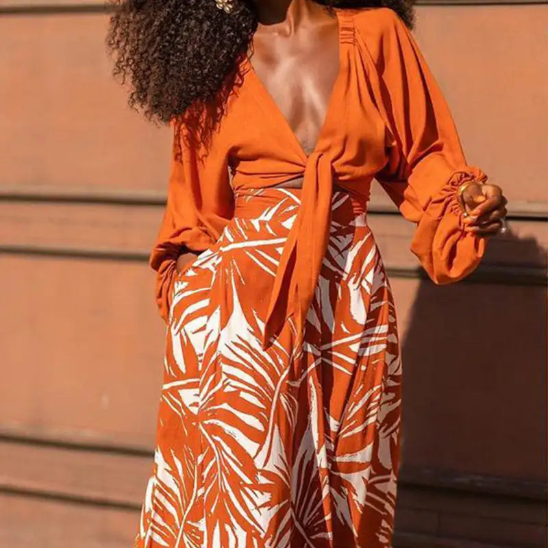 Layered V Neck Long Sleeve Top And Printed Pants Set