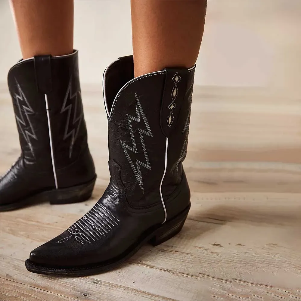 Modern Faux-Leather Embroidered Pointed-Toe Chunky-Heel Mid-Calf Boots