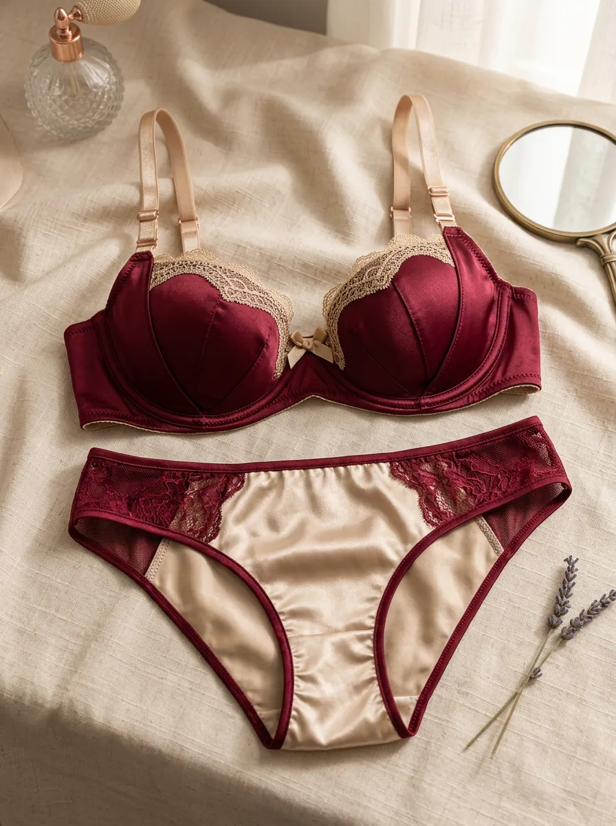 Women's Satin Lace Trimmed And Scalloped Lingerie Set