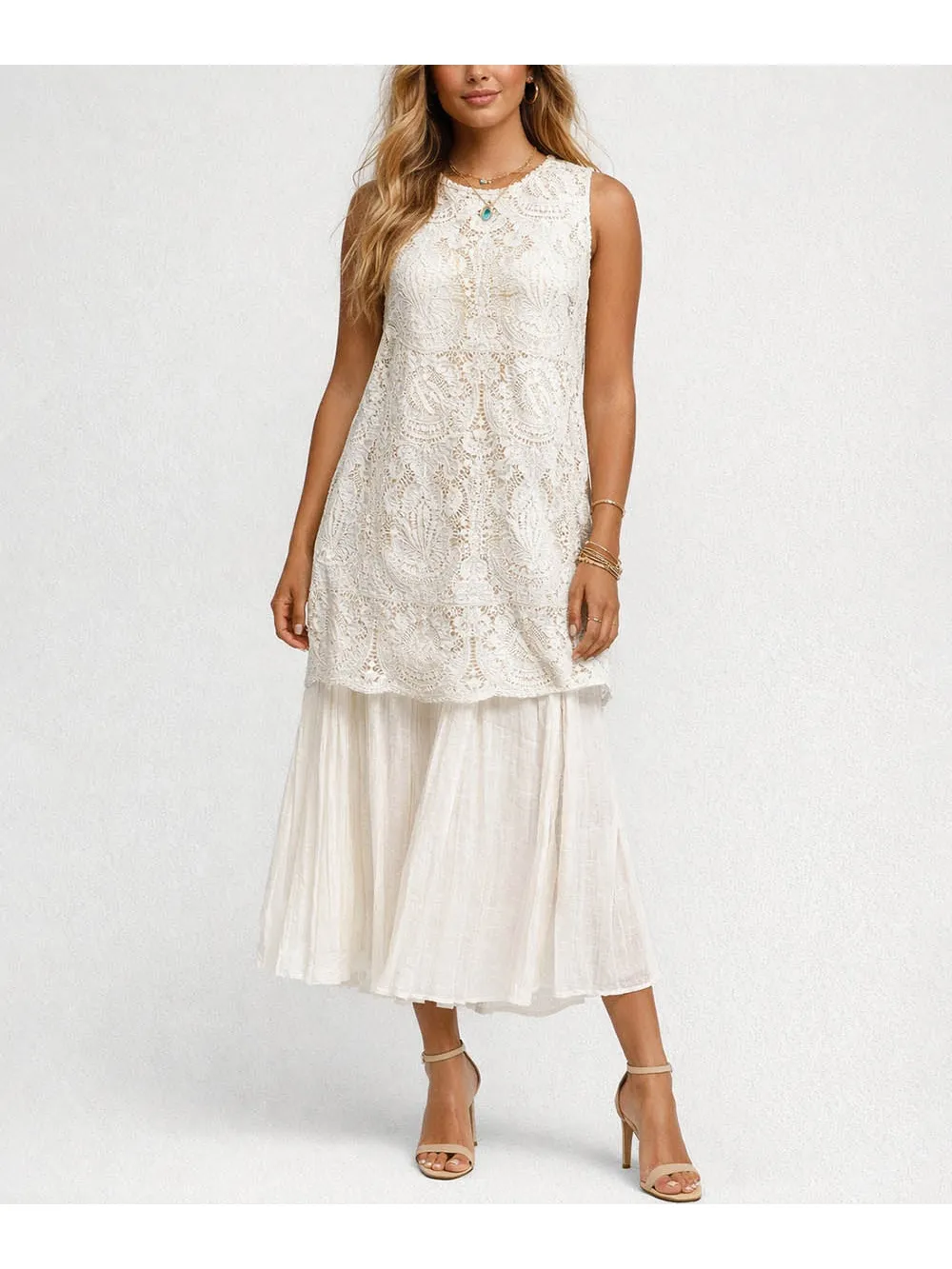 Embroidery Hollow Out Round Neck Sleeveless Midi Dress