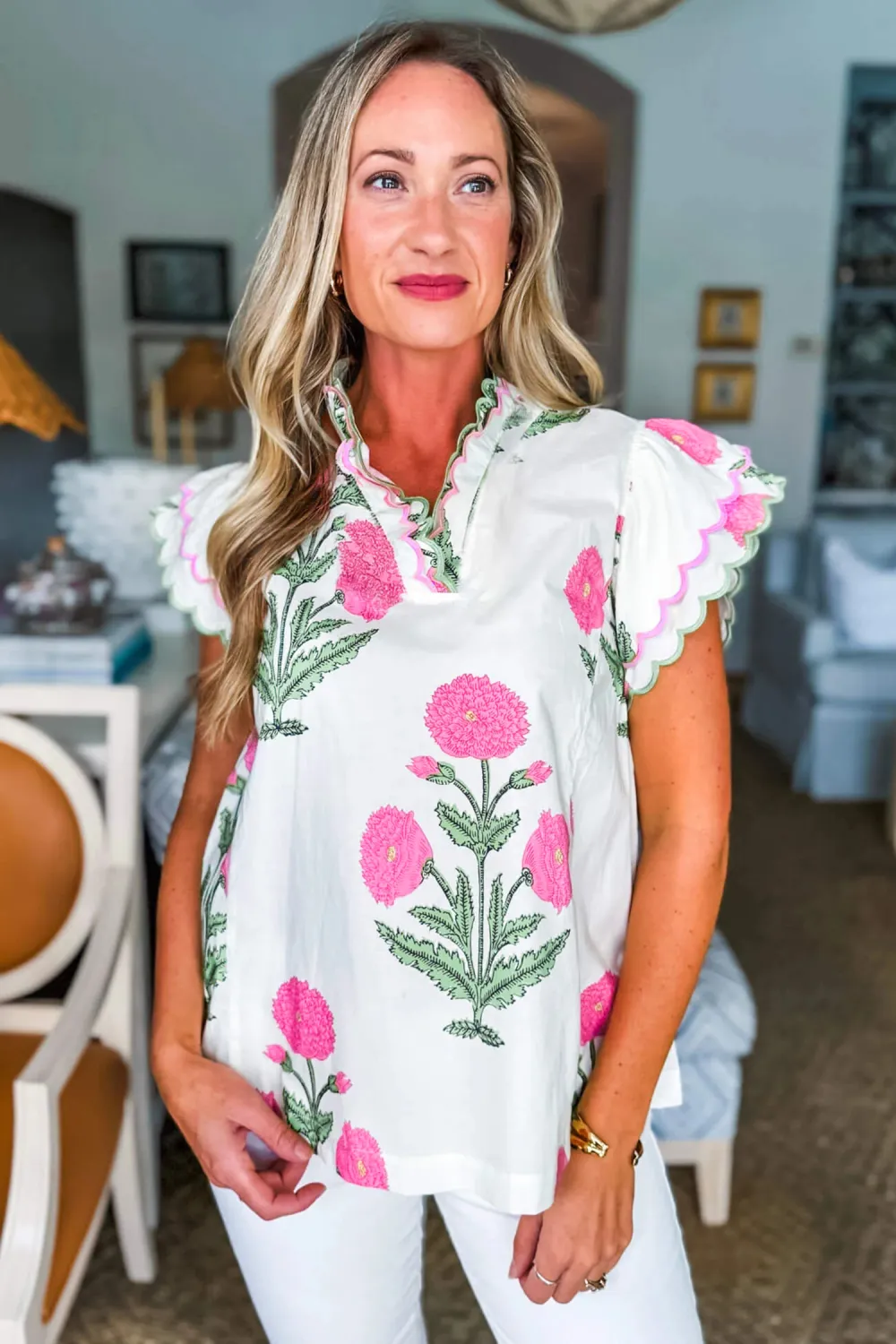 Pink Wild Flower Print Contrast Blouse