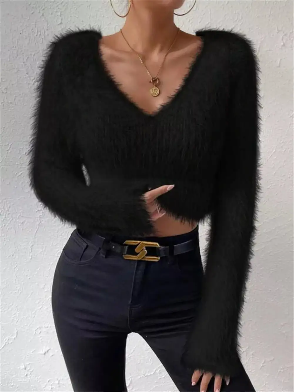 Fluffy Knit V-Neck Sweater