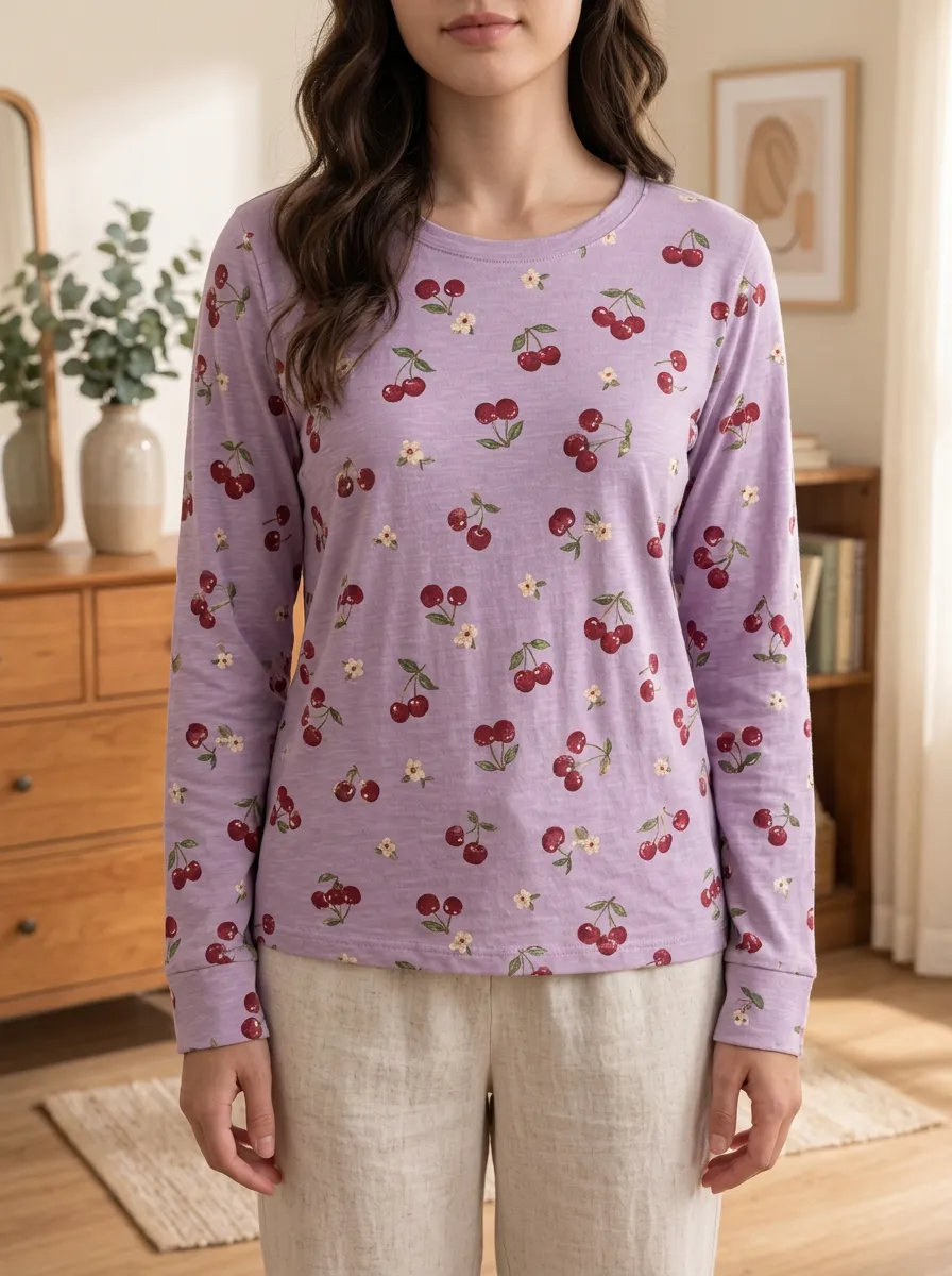 Women's Delicate Casual Sweet Style Cherry Floral Printed Long Sleeve T-shirt