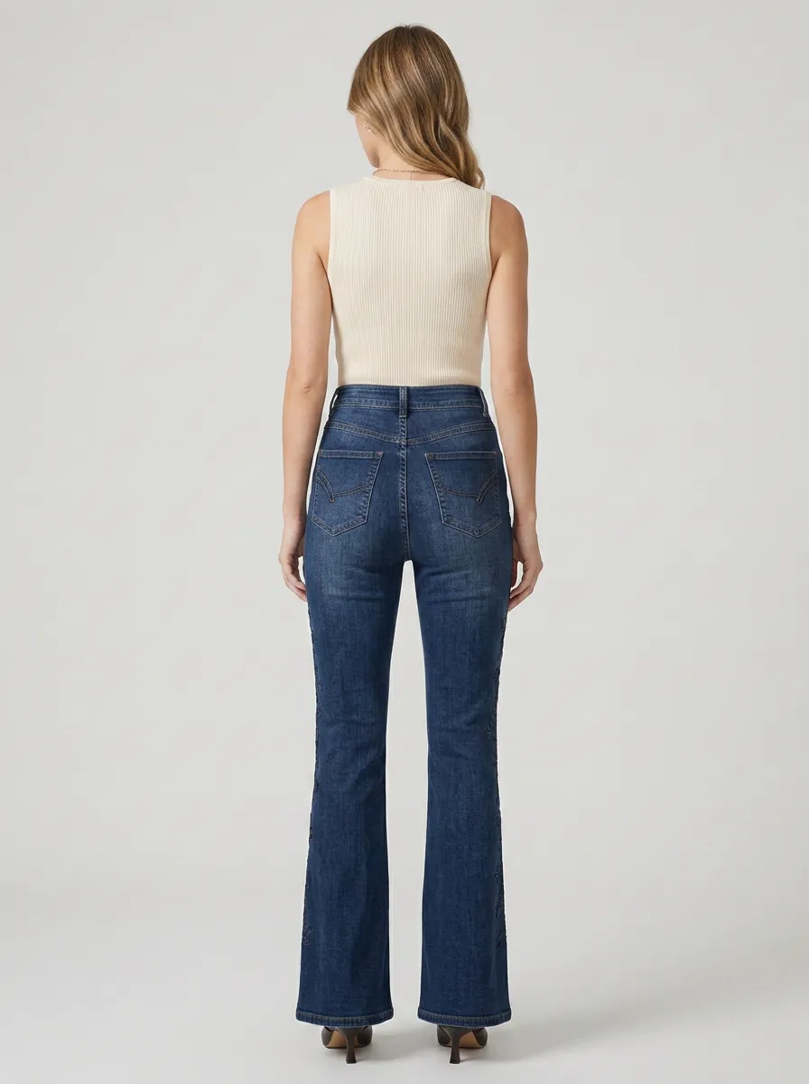 Women's Floral Embroidered Side Print High Rise Flare Jeans