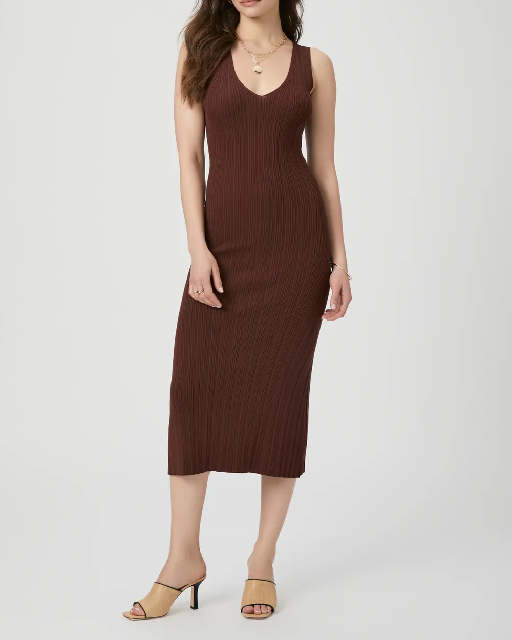 Brown Ribbed Sleeveless Midi Dress