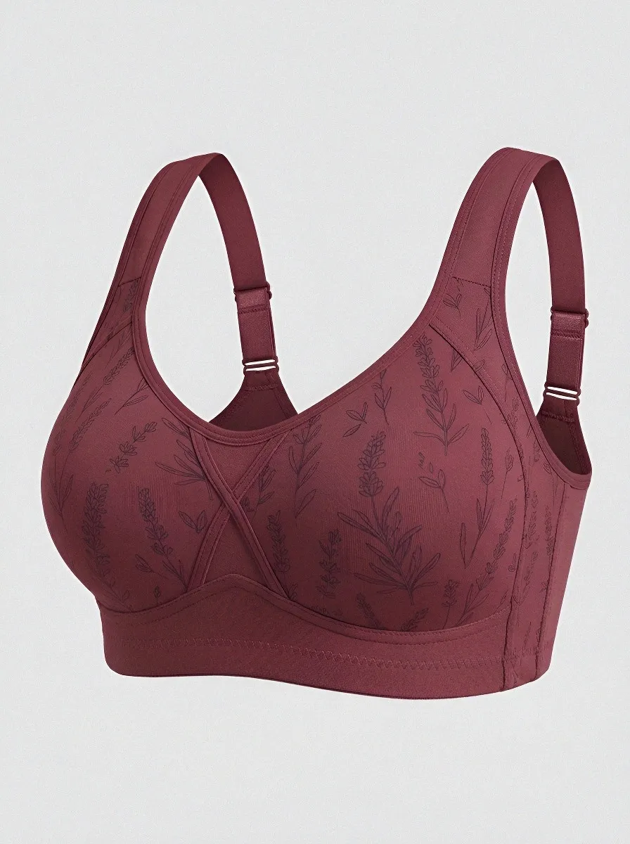 Women's Plus Size Lavender Floral Full-Coverage Wide-Strap Wireless Sports Bra