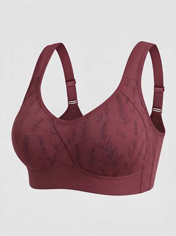 Women's Plus Size Lavender Floral Full-Coverage Wide-Strap Wireless Sports Bra