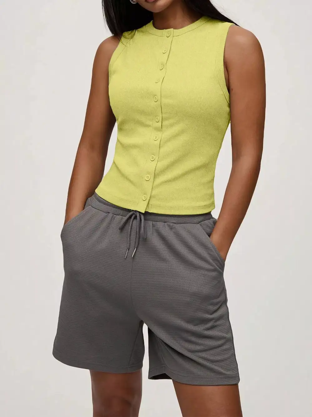 Ribbed Button Front Sleeveless Tank