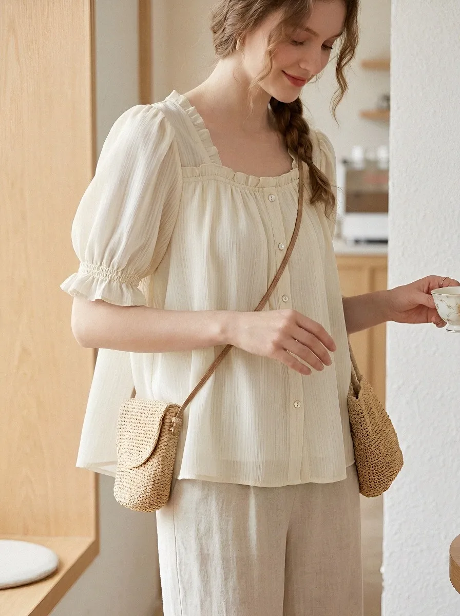 Square-Neck Button-Front Women's Puff-Sleeve Blouse