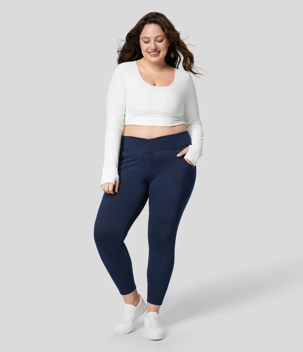 Magic High Waisted Crossover Multiple Pockets Stretchy Knit Denim 7/8 Plus Size Work Leggings