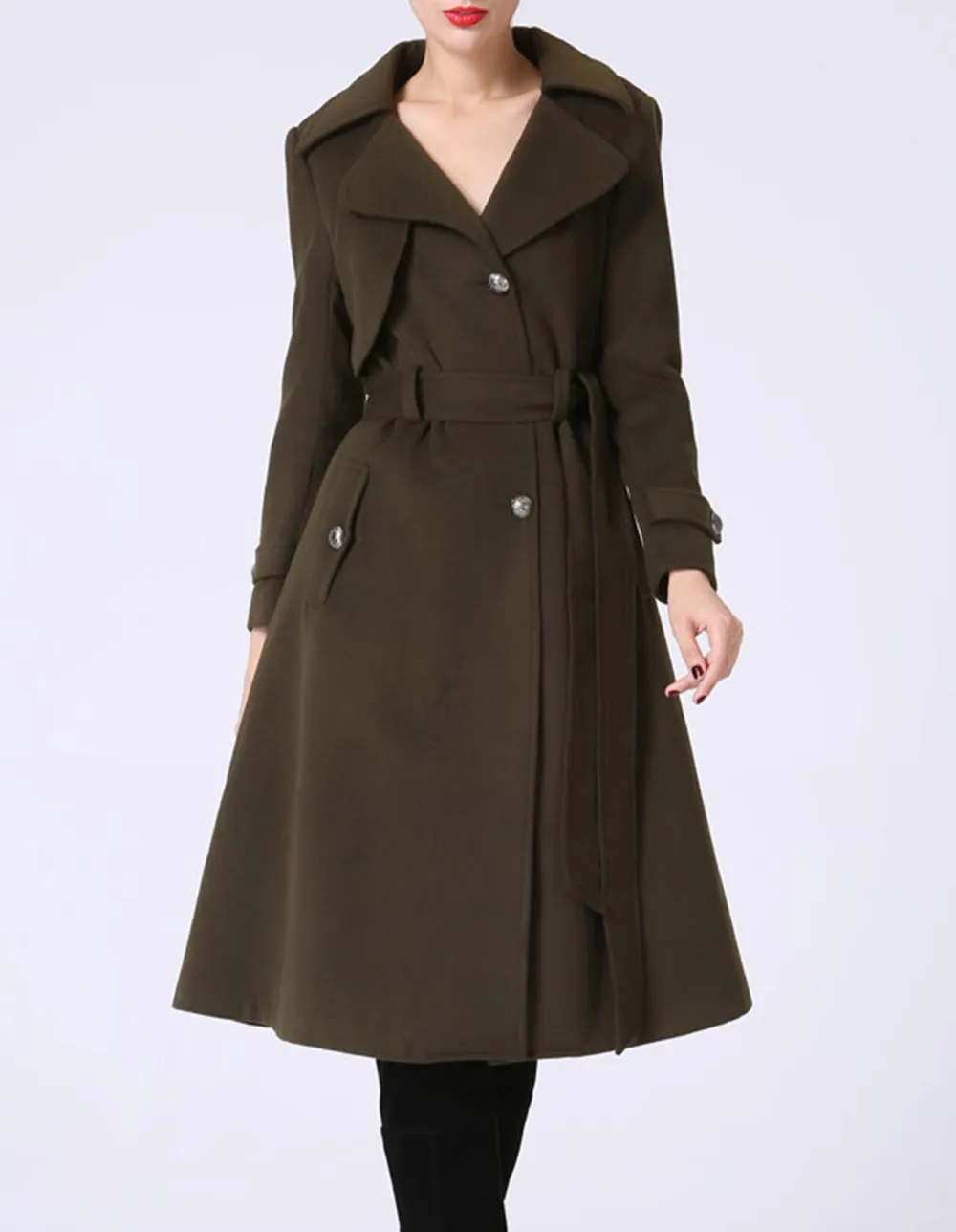 Classic Wool Blend Tailored Belted Pocketed Button Front Coat