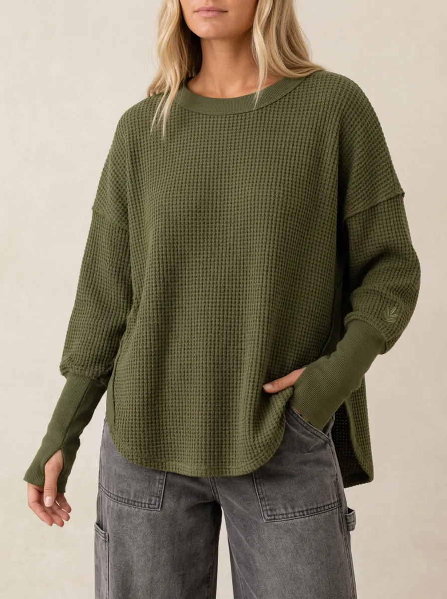 Women's Olive Green Waffle Knit Thumbhole Printed Top