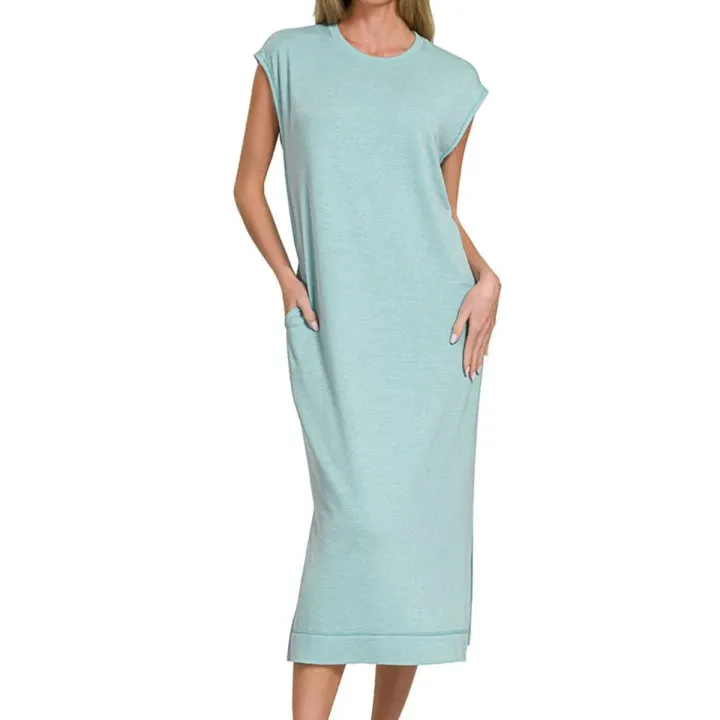 French Terry Sleeveless Round Neck Midi Dress