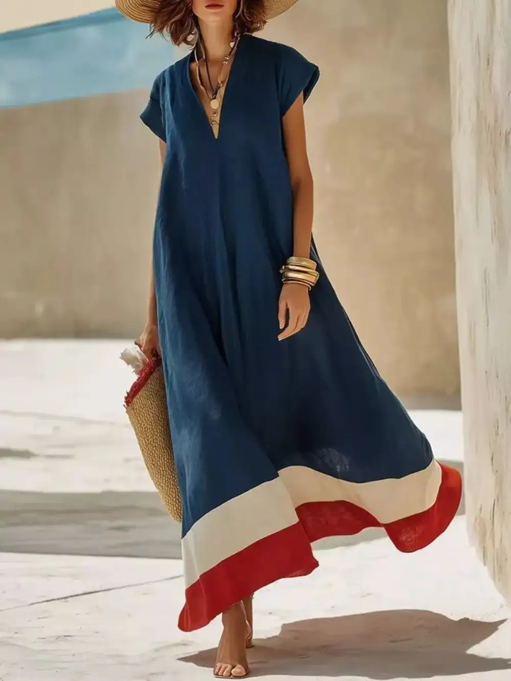 Color Block Hem V Neck Maxi Dress