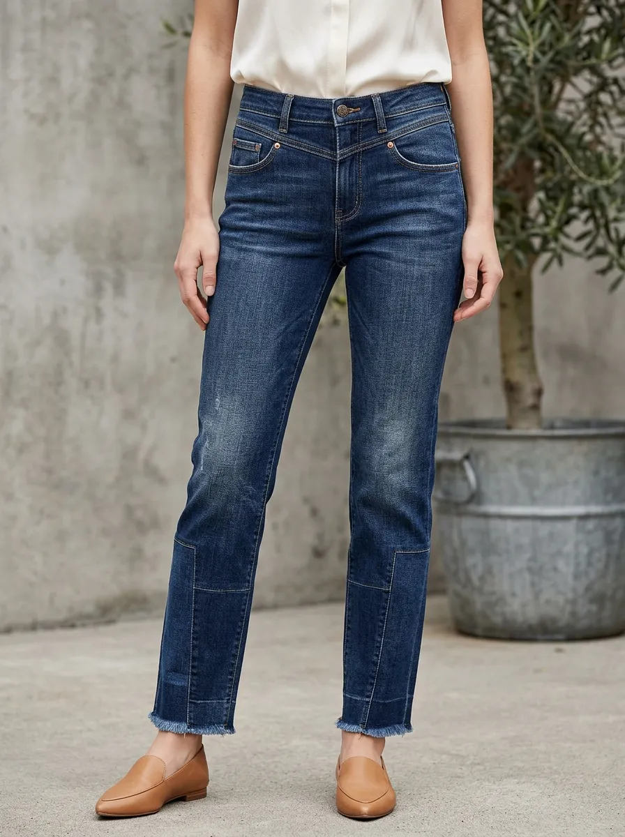 Women's Casual Fashion High-Waisted Frayed Hem Patchwork Jeans