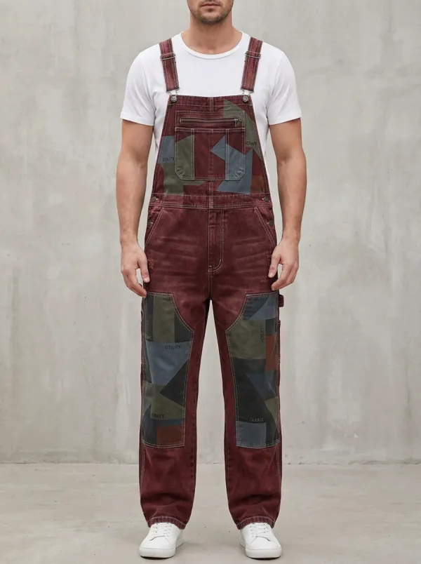 Patchwork Denim Zip Bib Overalls