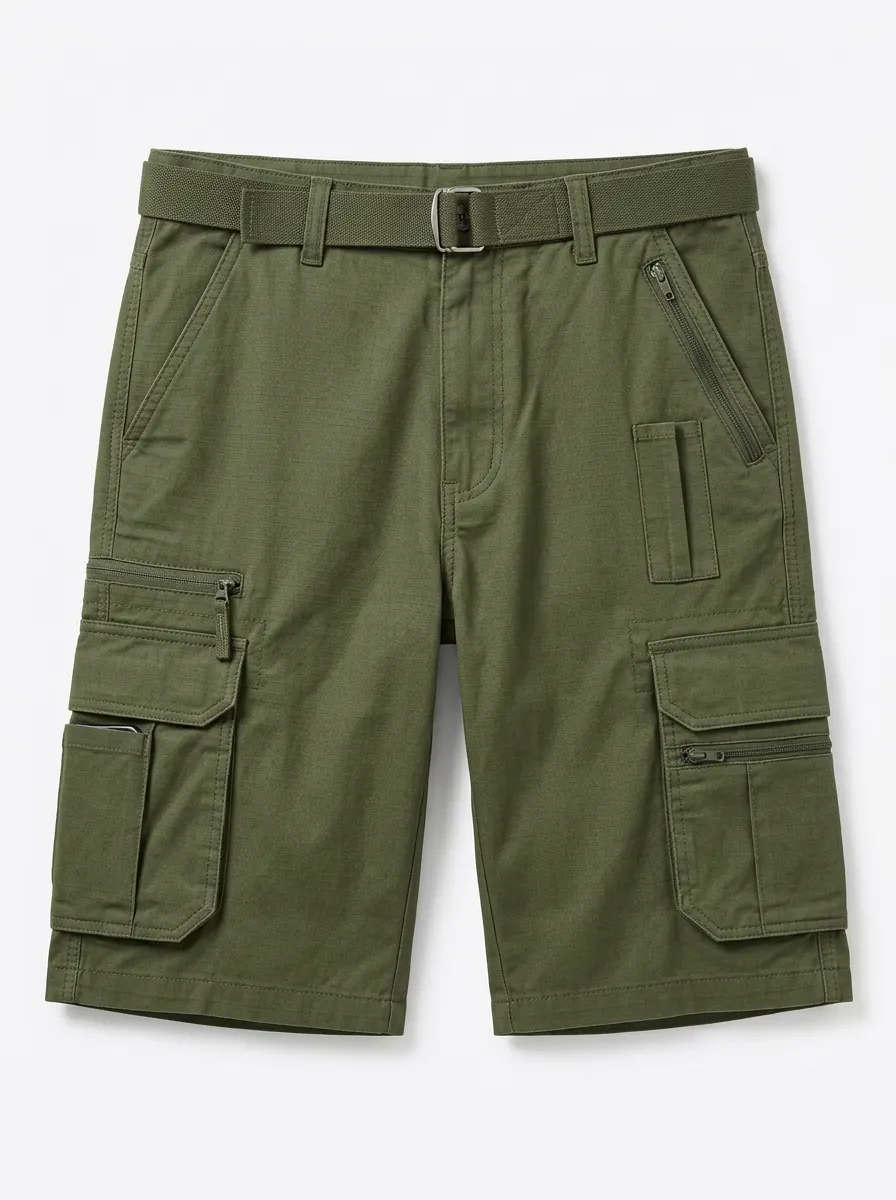Men's Integrated Web Belt Zip Cargo Pockets Pen Slot Mid-Rise Cargo Shorts