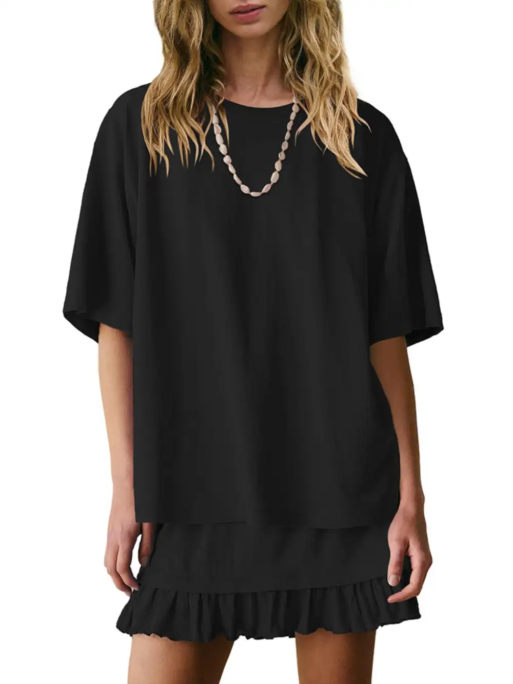 Refined Round Neck Ruffle Trim Coordinated Set