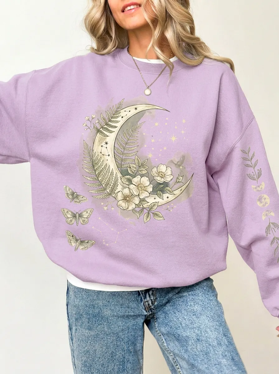 Women's Charcoal Celestial Floral Moon Moth Drop-Shoulder Crewneck Sweatshirt
