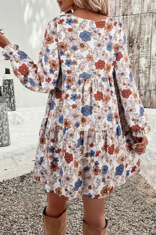 Floral Round Neck Ruffle Dress Casual