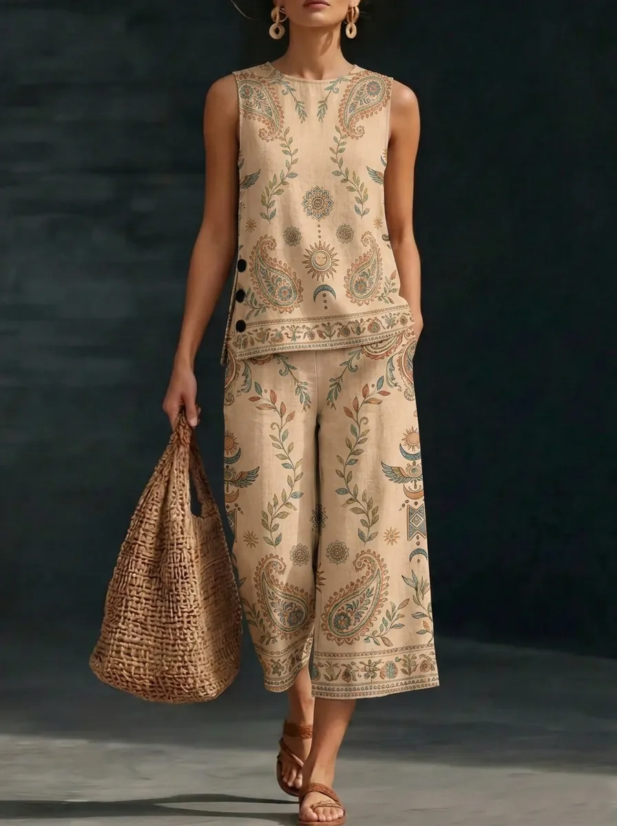 Women's Boho Paisley Sun Moon Printed Sleeveless Set