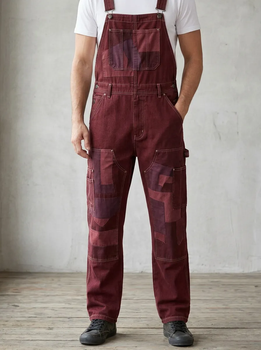 Patchwork Utility Contrast Stitch Overalls