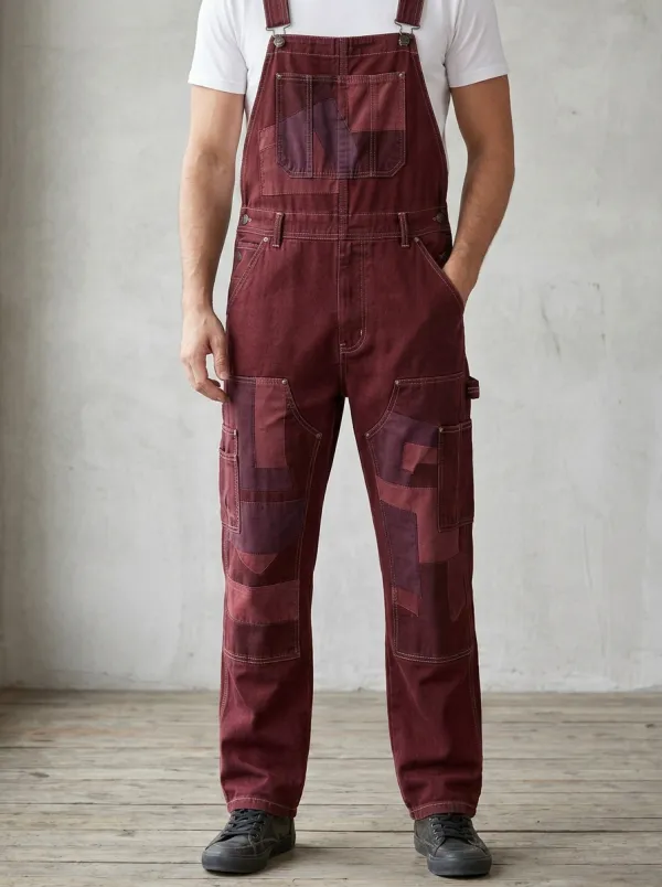 Patchwork Utility Contrast Stitch Overalls