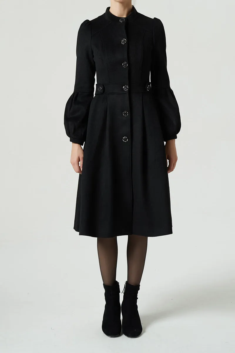 Wool Blend Fit and Flare Pocketed Midi Coat