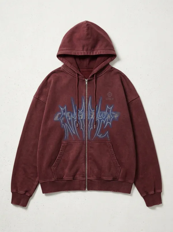 Unisex Streetwear Cyber Gothic Graphic Printed Zip-up Hoodie