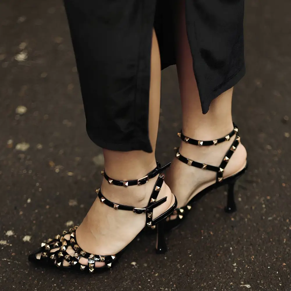 Rivet Pointed Toe Stiletto Ankle Strap Pumps