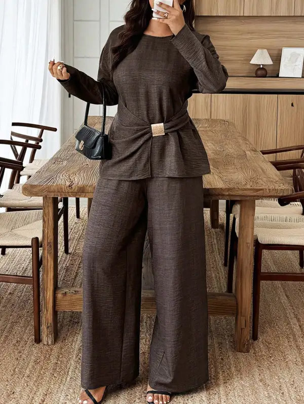 Fitted Round Neck Top and Wide Leg Pants Suit