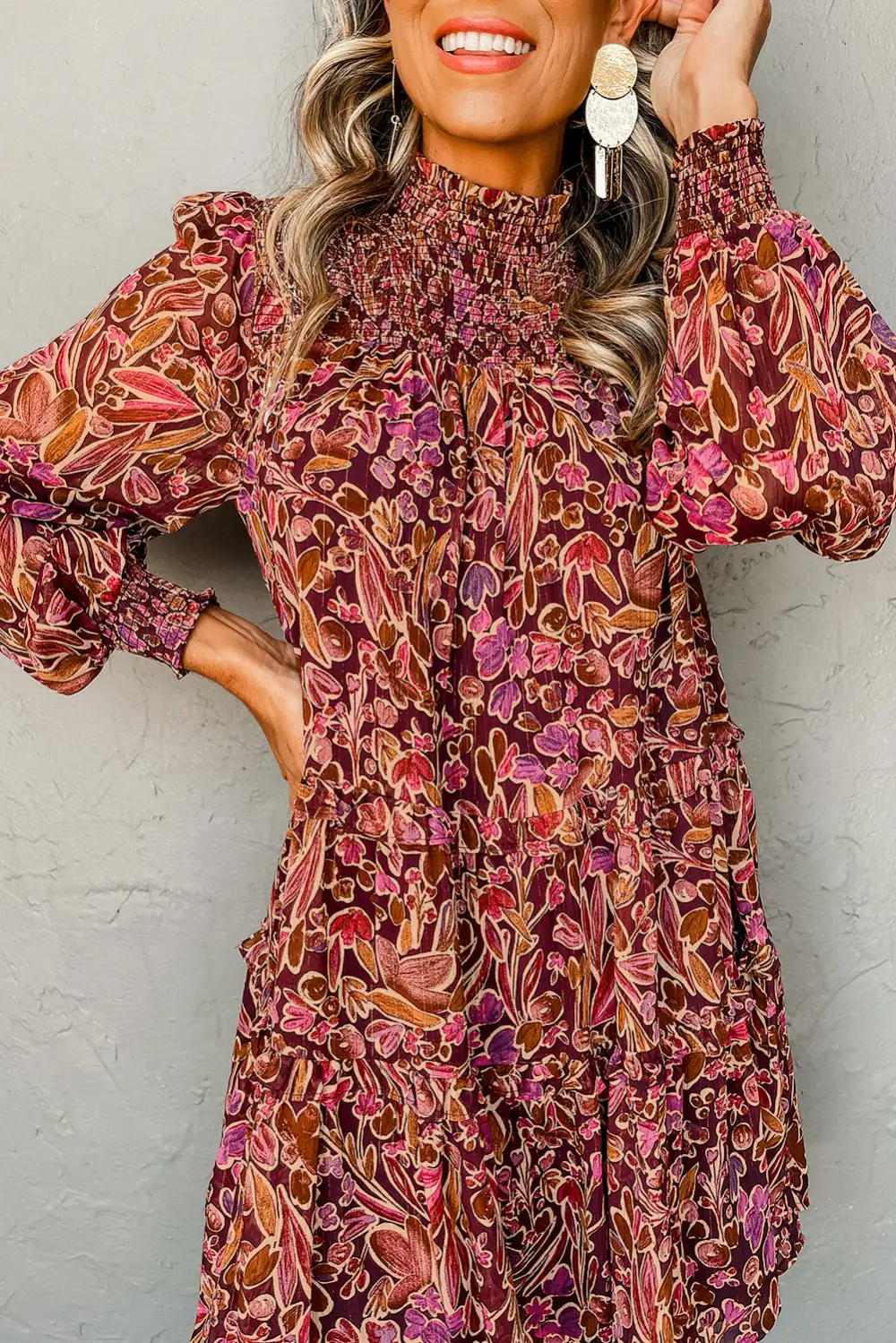 Long Sleeve Shirred High Neck Loose Mini Dress