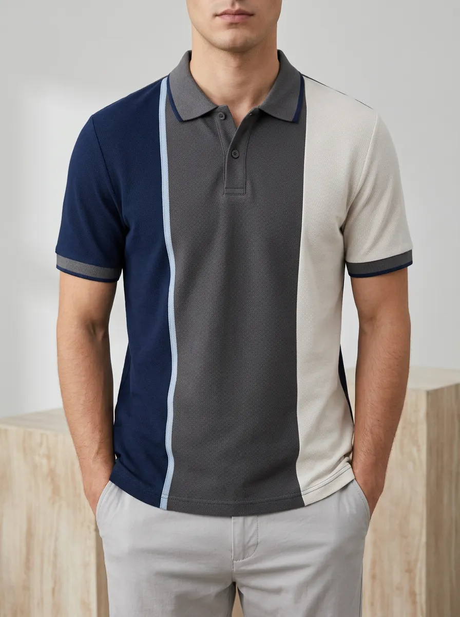 Men's Classic Relaxed Fit Colorblock Stripe Printed Polo Shirt