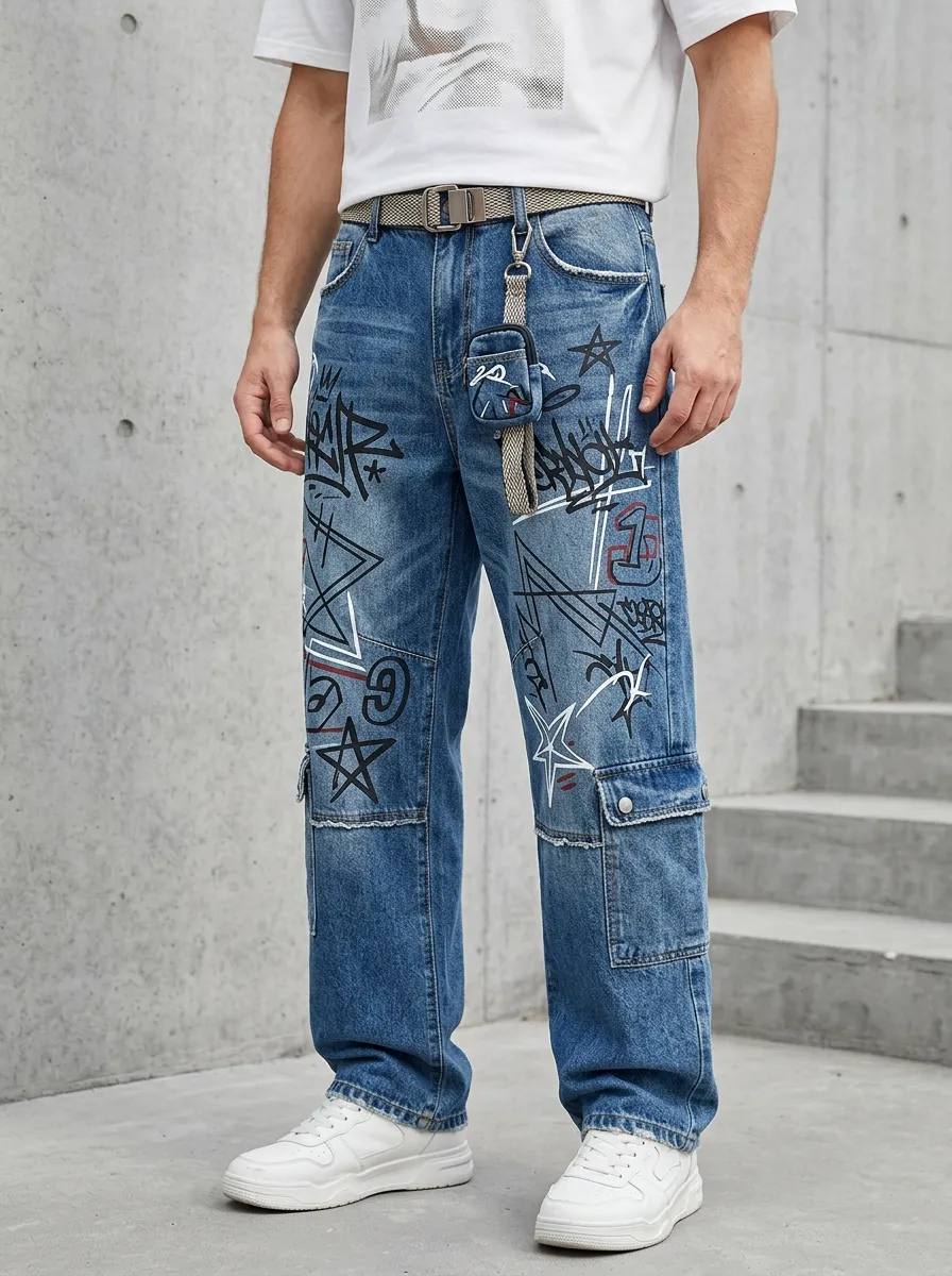 Unisex Modern Streetwear Graffiti Star Cargo Jeans