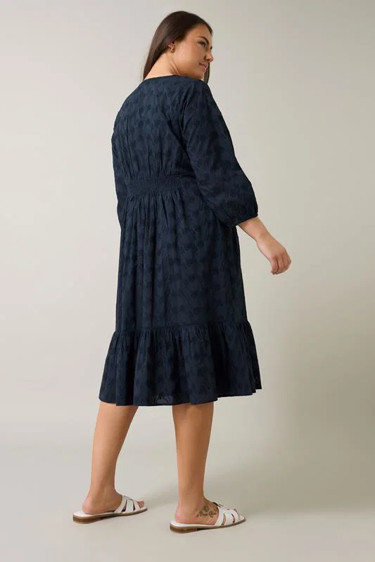 Navy Blue Embroidered Tiered Midi Dress detail 3