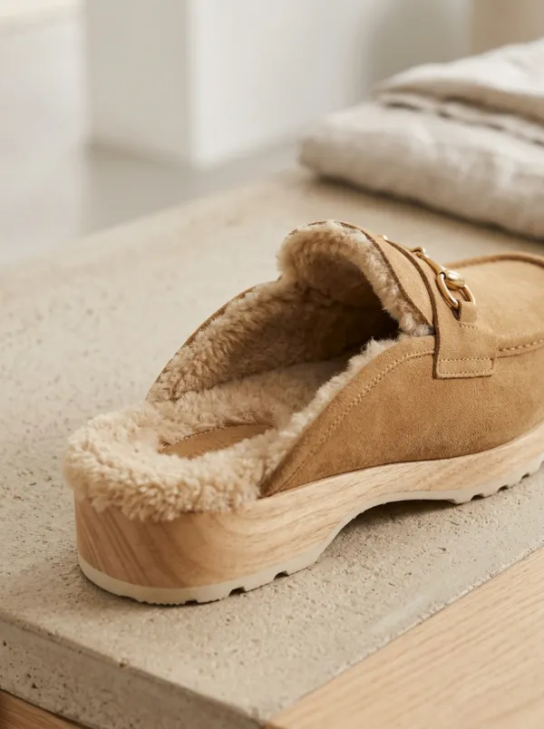 Women's Faux Fur Lined Metal Detail Clog Style Suede Wood Sole Loafers